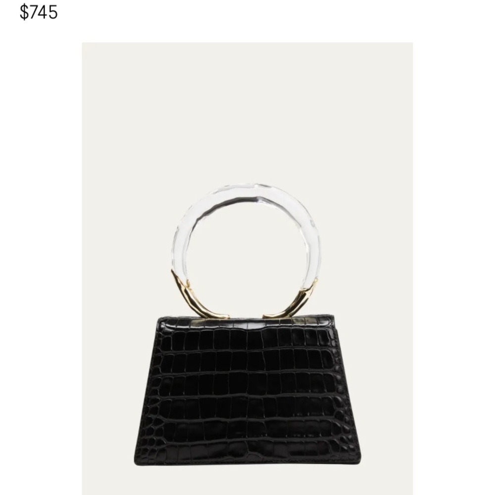Black Croc-Embossed Handbag with Gold Accents